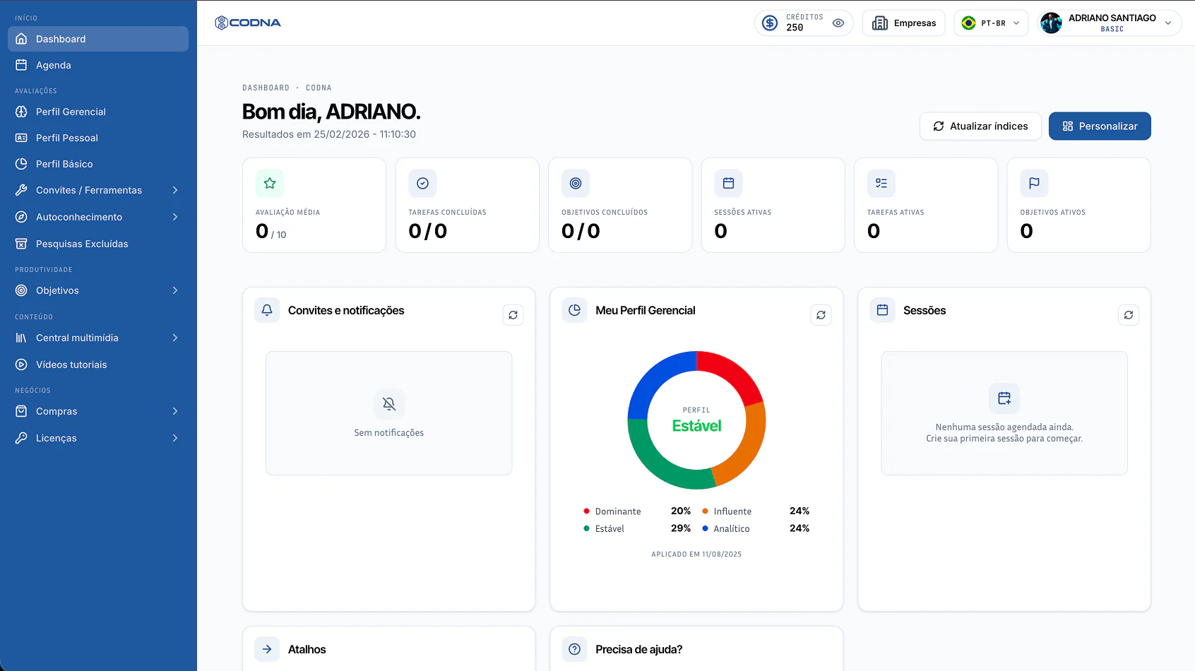 Painel da plataforma CODNA Assessment com perfil comportamental e indicadores de desenvolvimento de pessoas e equipes